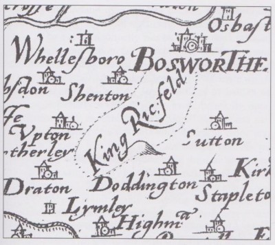 Figure 6: Extract from Saxton's 1576 map of England showing the location of the Battle of Bosworth as 'King<br />
Ric. feld' (after Foard & Curry 2013, 3).<br />
